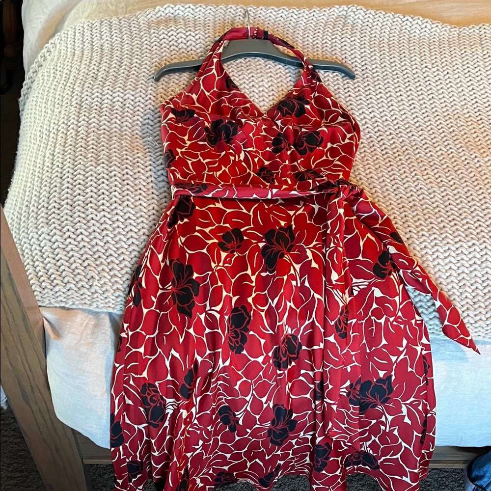 Ann Taylor Red Floral Print Halter Neck Summer Dress